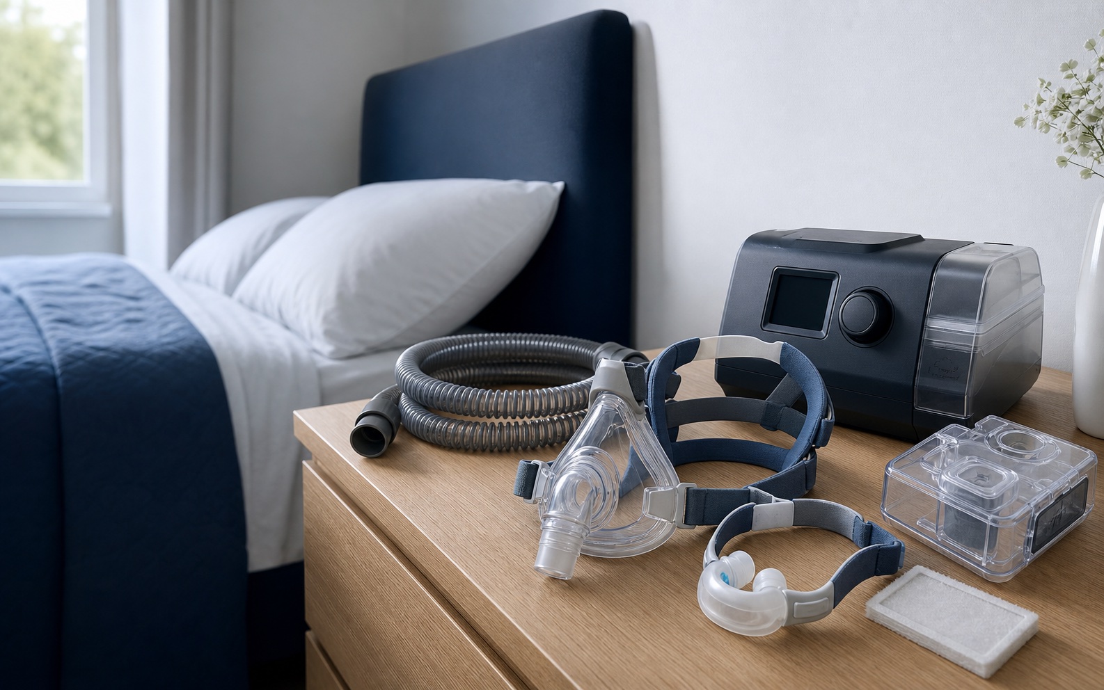 Unbranded CPAP machine, masks, hose, humidifier chamber, and filter arranged on a bedside table